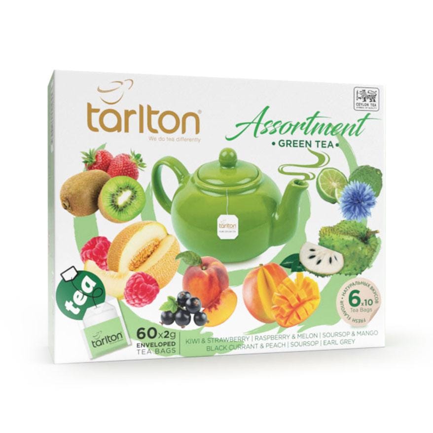Tarlton Tea, Green Tea Sachets and Bags, Assorted Flavors, Kiwi, Strawberry, Raspberry, Mango, Soursop, Black Currant, Peach, Earl Grey, Wholesale Tea Supplier, Export, Custom Brand, Tea Company