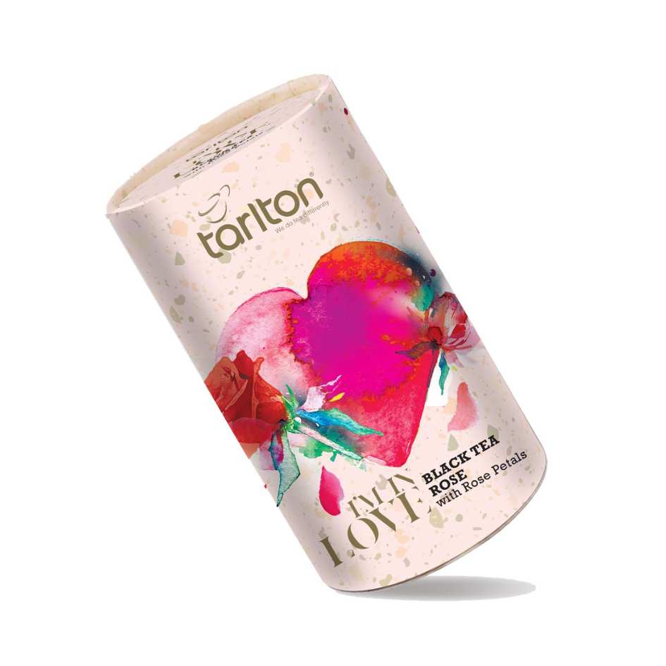 ceylon black tea with rose petals in a metal tin from tarlton im in love collection