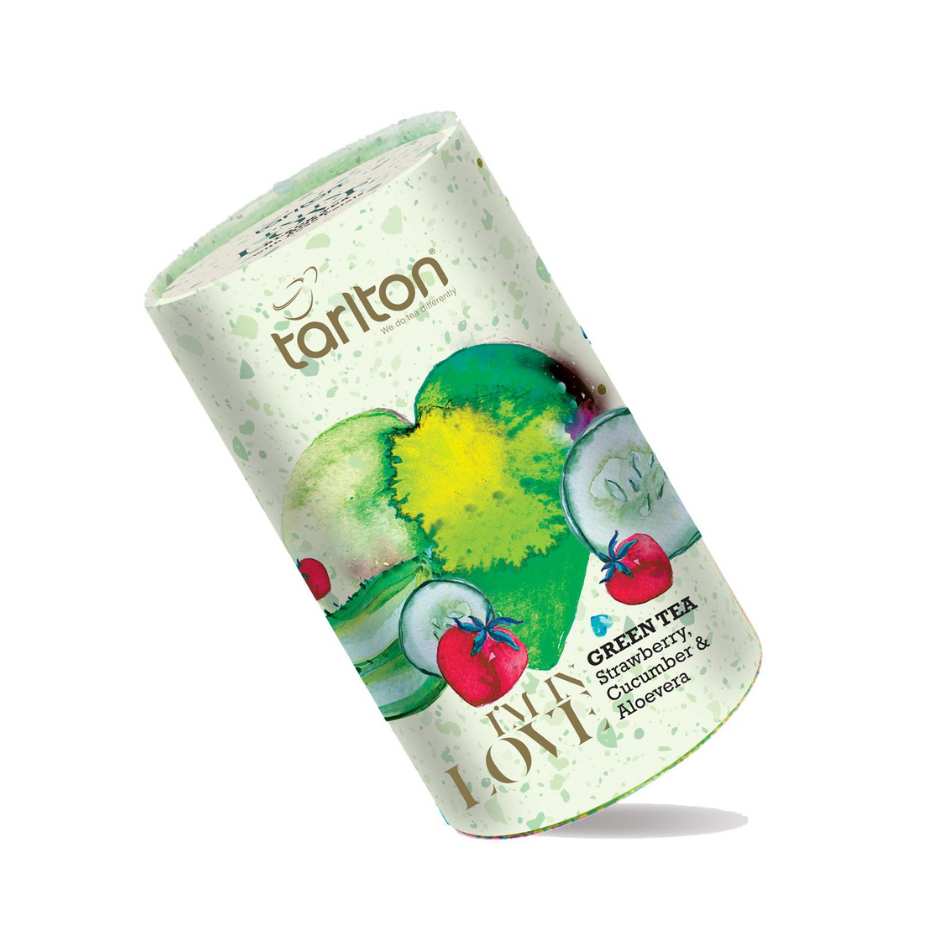 ceylon green tea with strawberry, cucumber and aloevera in a metal tin from tarlton im in love collection