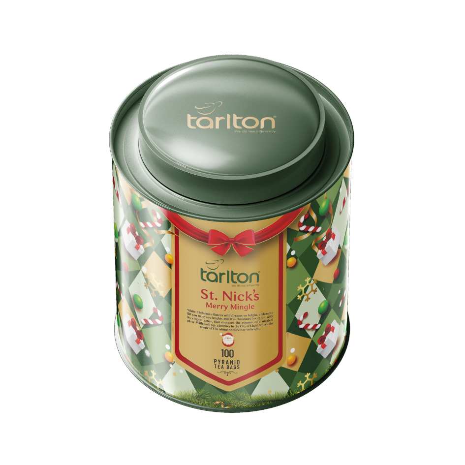 st. nick's merry mingle metal tin tarlton ceylon tea pyramid tea bags