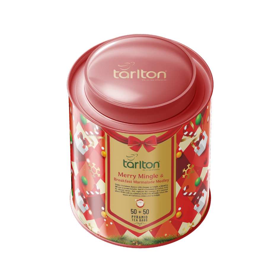 merry mingle and breakfast marmalade medley metal tin tarlton ceylon tea pyramid tea bags